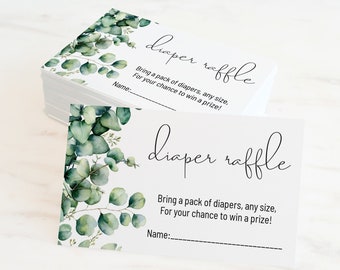 Boleto de rifa de pañales de eucalipto para baby shower (plantilla digital editable)