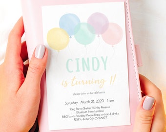 Pastel Balloons 1st Birthday Invitation First birthday Invite Watercolor Pastel Birthday Invitation Baby Girl Printable Editable 2nd 3rd 105