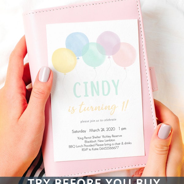 Pastel Balloons 1st Birthday Invitation First birthday Invite Watercolor Pastel Birthday Invitation Baby Girl Printable Editable 2nd 3rd 105