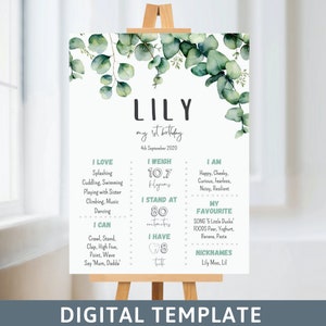 Mínimo eucalipto 1er cumpleaños Hito Junta Greenery Hito Signo Rustic Milestone Sign Baby Keepsake Leafy Birthday Poster 91