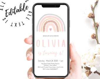Watercolor Pastel Rainbow First Birthday Invitation, Evite, Girls 1st birthday Invitation, Phone Invitation, Boho, 2nd birthday, Corjl, RB24