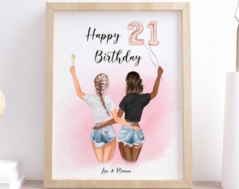 May include: Printable digital portrait of two friends with their arms around each other, wearing denim shorts and casual tops. The text "Happy 21 Birthday" is at the top of the image, with a pink and white watercolor background. The names "Lia & Riann" are at the bottom of the image.