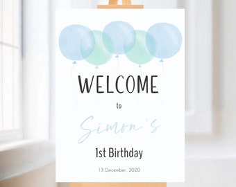 Globos pastel Cartel de bienvenida Globo azul Tablero de bienvenida Pastel azul Cumpleaños Baby Boy Party Póster Fiesta Signo Cumpleaños Banner 71