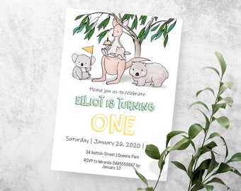 May include: A printable invitation for a first birthday party with a cute illustration of a kangaroo, koala, and wombat. The text reads "Please join us to celebrate Elliot is turning one. Saturday | January 26, 2020 | 34 Ashton Street | Queens Park. RSVP to Miranda 0445556667 by January 10."