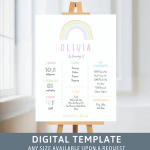 Pastel Rainbow Milestone Board Primer cumpleaños Baby Girl Rainbow Milestone Sign 1er cumpleaños Milestone Poster Baby Keepsake Decoración editable 86