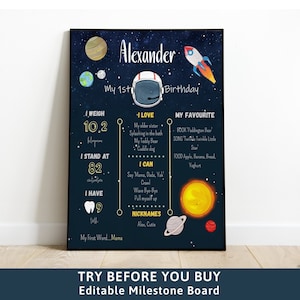 Anniversaire de l’espace Signe de jalon 1er anniversaire Fusée Un an Signe d’un an Panneau de jalon De l’espace Bébé garçon Affiche de jalon Astronaute Galaxy 7