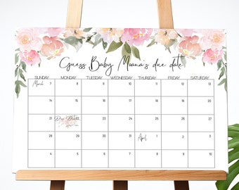 Guess Baby's Due Date Game Floral Baby Shower Game Sign Pastel Pink Greenery Guess the Due Date Game Prediction Calendar Baby Girl Corjl 114