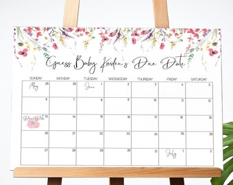 May include: A printable calendar template with a floral border. The calendar is for guessing a baby's due date. The text on the calendar says "Guess Baby Kaiden's Due Date".
