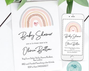 May include: A digital invitation for a baby shower with a rainbow and heart design. The invitation says "Baby Shower" and "Join us to shower mom to be Olivia Botton". The invitation also includes the location, "'King Parrot Shelter' Richley Reserve Blackbutt, New Lambton", and the RSVP information, "RSVP to Katie 04455566677".