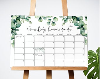 Guess Baby&#39;s Due Date Game Eucalyptus Baby Shower Game Sign Greenery Guess the Due Date Game Prediction Calendar Baby Girl Gender Neutral 59