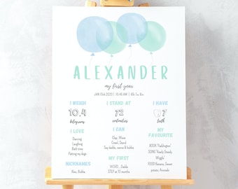 Pastel Balloons Baby Boy 1st Birthday Milestone Board First birthday Milestone Sign Baby Keepsake Milestone Poster Printable Editable 71