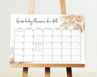Gissa barnets förlossningsdatum-spel Blommig babyshower-spelskylt Pampasgräs Gissa förlossningsdatum-spelet Förutsägelsekalender Boho babyshower-spel 88