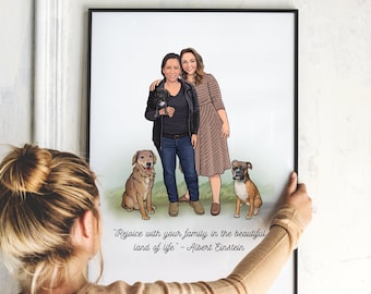 Personalisierte Familienporträt-Illustration, Familien- und Tierporträt, Paar-Porträt, Haustierporträt, Familiendruck, personalisiertes Geschenk, AN-26