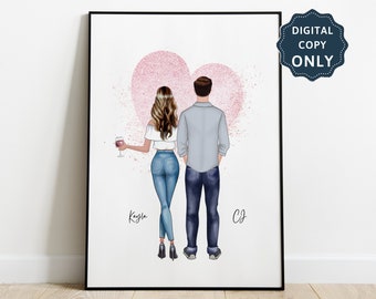 Op de afbeelding: Een digitale illustratie van een stel dat rug aan rug staat voor een roze glitterhart. De vrouw houdt een glas wijn vast. De tekst "Kayla" en "CJ" staat onder het stel.