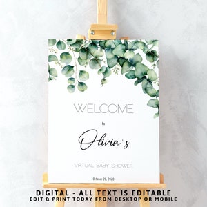 Eucalyptus Baby Shower Welcome board, Greeny Baby Shower Welcome Sign, Gender Neutral, Boho Baby Shower, Baby Boy Shower, Modificabile, 59