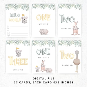 Cartes d'étape de bébé d'animaux australiens, cadeau de naissance de nouveau-né de Koala, cartes d'étape de souvenir de bébé genre neutre, téléchargement immédiat, A01