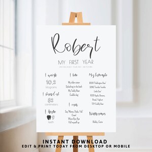 Tablero minimalista de hitos para bebés en blanco y negro, letrero personalizado de hito de 1er cumpleaños, póster de hito, signo de cumpleaños de género neutro, Corjl, MB36
