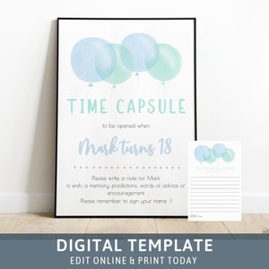 Pastell blau Luftballons Time Capsule 1st Birthday Time Capsule Sign First Birthday Aquarell Baby Shower 2. Pastell Geburtstagsschild Karten 71