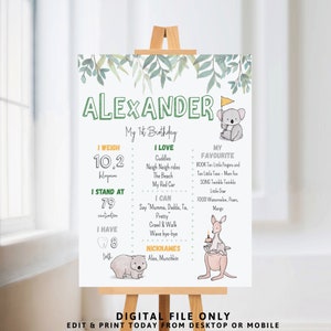 Australian Animals Milestone Board, Känguru Meilenstein Schild, Koala Meilenstein Poster, Wildlife Einladung, 1. Geburtstag, Baby Meilenstein, A01