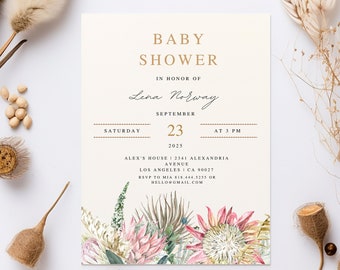 Op de afbeelding: Een digitaal sjabloon voor een babyshower-uitnodiging met een bloemenontwerp. De uitnodiging heeft een gouden rand en de tekst "Baby Shower" ter ere van Lena Norway. De datum is 23 september 2025 om 15:00 uur. De locatie is Alex's House, 2341 Alexandria Avenue, Los Angeles, CA 90027. RSVP naar Mia 818-444-5215 of hello@gmail.com.