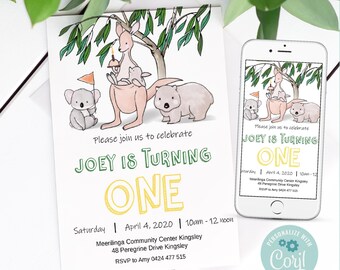 Puede incluir: Una invitación imprimible para una fiesta de primer cumpleaños con un canguro, un koala y un wombat. La invitación está decorada con hojas verdes y tiene el texto "Joey cumple un año" en letras amarillas y verdes. La invitación incluye la fecha, la hora y el lugar de la fiesta.