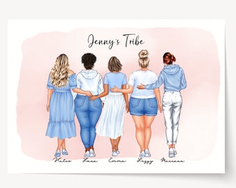 May include: A group of five women wearing casual clothing stand together with their arms around each other. The women are facing away from the viewer. The text "Jenny's Tribe" is at the top of the image. The names Katie, Lana, Emma, Lizzy, and  Marian are written below the women.