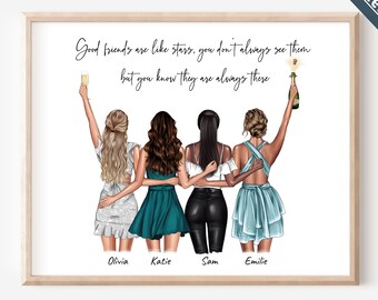 Puede incluir: Una impresión de arte imprimible con una cita sobre la amistad: "Los buenos amigos son como las estrellas, no siempre los ves, pero sabes que siempre están ahí." La impresión presenta una ilustración de cuatro mujeres con vestidos, sosteniendo copas de champán y de pie con los brazos alrededor de la otra. Los nombres de las mujeres están escritos debajo: Olivia, Katie, Sam y Emilie.