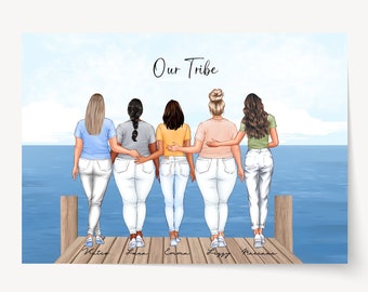 May include: Five women standing on a wooden jetty, facing away from the camera, with their arms around each other. They are wearing jeans and t-shirts. The text "Our Tribe" is written above them. The names "Alice", "Sara", "Emma", "Lizzy", and "Macarena" are written below them.