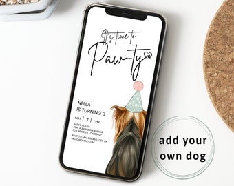 Puede incluir: Una plantilla de invitación digital para una fiesta de cumpleaños de perro. La invitación presenta un perro de dibujos animados con un sombrero de fiesta y el texto "It's time to Paw-ty". También se incluye el texto "Nella cumple 3 años", junto con la fecha, la hora y el lugar de la fiesta. La invitación también incluye el texto "añade tu propio perro".