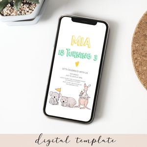 Australian animals Invitation 1st 2nd 3rd birthday Koala Invitation Evite Kangaroo Invitation Wildlife Electronic Invite Phone Invitation