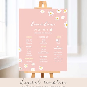Daisy 1st Birthday Milestone Board Pastel Pink birthday First birthday Milestone Sign Baby Keepsake Milestone Poster Imprimible Editable 143