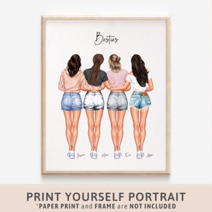 Group of 4 friends Print, Friends portrait illustration, Group Friendship Print, Christmas Best Friend Gift, Friends Illustration
