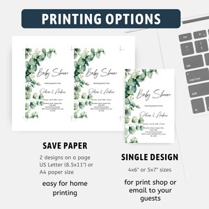 May include: Two printable designs for a baby shower invitation. The design features a watercolor illustration of eucalyptus leaves in shades of green. The text reads "Baby Shower" and includes the names "Olivia & Andrew". The invitation is available in two sizes: 8.5x11 inches or 4x6 inches.