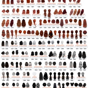 May include: A chart of 48 different hairstyles for women. The hairstyles are in red, grey, and black. Each hairstyle is numbered.