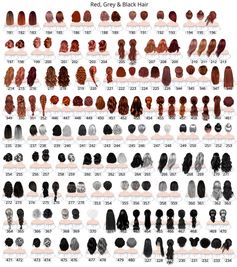 May include: A chart of 48 different hairstyles for women. The hairstyles are in red, grey, and black. Each hairstyle is numbered.