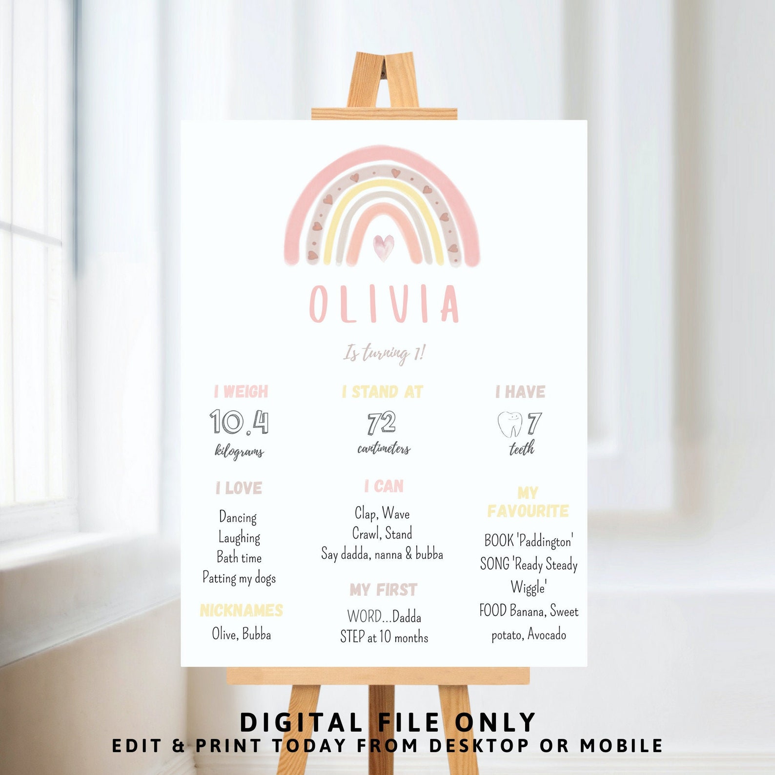 Watercolor Pastel Pink Rainbow 1st Birthday Baby Milestone Board, Girls ...
