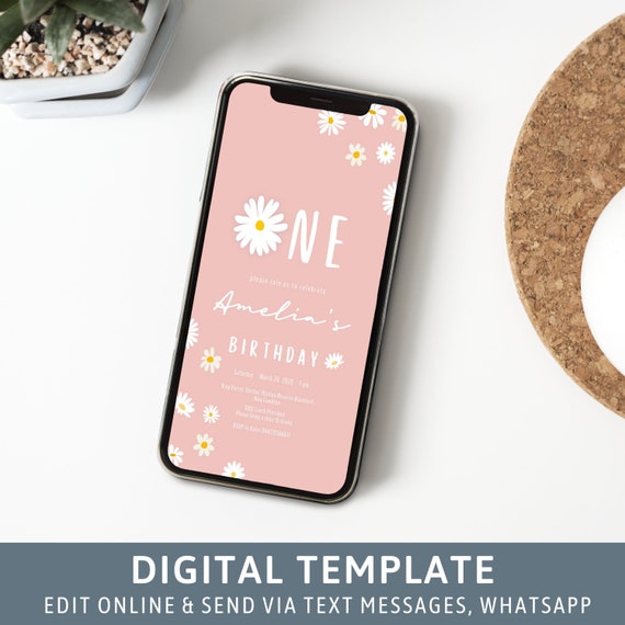 Pastel Pink Daisy 1st Birthday Invitation: Boho Phone Invite (Digital)