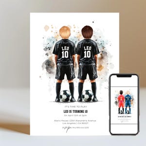 Invitación editable de cumpleaños de fútbol para gemelos, cumpleaños doble: plantilla de Canva para fiesta de fútbol (descarga digital)