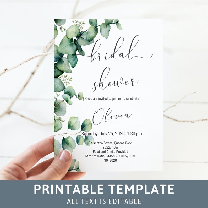 May include: Printable bridal shower invitation template with a watercolor eucalyptus design. The text reads "bridal shower" and "you are invited to join us to celebrate Olivia" with the date, time, location, and RSVP information.