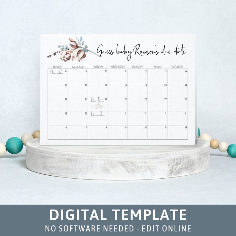 Op de afbeelding: Een printbaar babyshower-spel met een kalender waarop gasten de uitgerekende datum van de baby kunnen raden. De kalender is versierd met een aquarel-illustratie van katoenbollen en groen. De tekst "Guess baby Rawson's due date" staat bovenaan de kalender.
