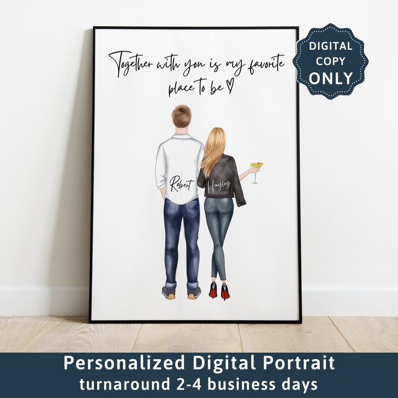 Op de afbeelding: Een digitale illustratie van een stel dat samen staat. De vrouw draagt een zwart leren jack en de man draagt een wit overhemd en jeans. De tekst "Together with you is my favorite place to be" staat boven hen. De tekst "Robert" en "Hayley" staat op hun rug. De tekst "Digital Copy Only" staat in een blauwe cirkel in de rechterbovenhoek.