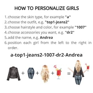 Peut inclure: Illustration expliquant comment personnaliser des filles. Les instructions comprennent le choix du type de peau, de la tenue, de la coiffure, des accessoires et du nom. L'exemple montre une fille avec une veste en cuir noir, un jean bleu, des cheveux blonds et un cocktail. Le texte "a-top1-jeans2-1007-dr2-Andrea" est sous l'illustration.