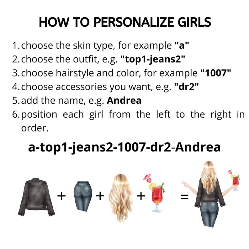 Peut inclure: Illustration expliquant comment personnaliser des filles. Les instructions comprennent le choix du type de peau, de la tenue, de la coiffure, des accessoires et du nom. L'exemple montre une fille avec une veste en cuir noir, un jean bleu, des cheveux blonds et un cocktail. Le texte "a-top1-jeans2-1007-dr2-Andrea" est sous l'illustration.