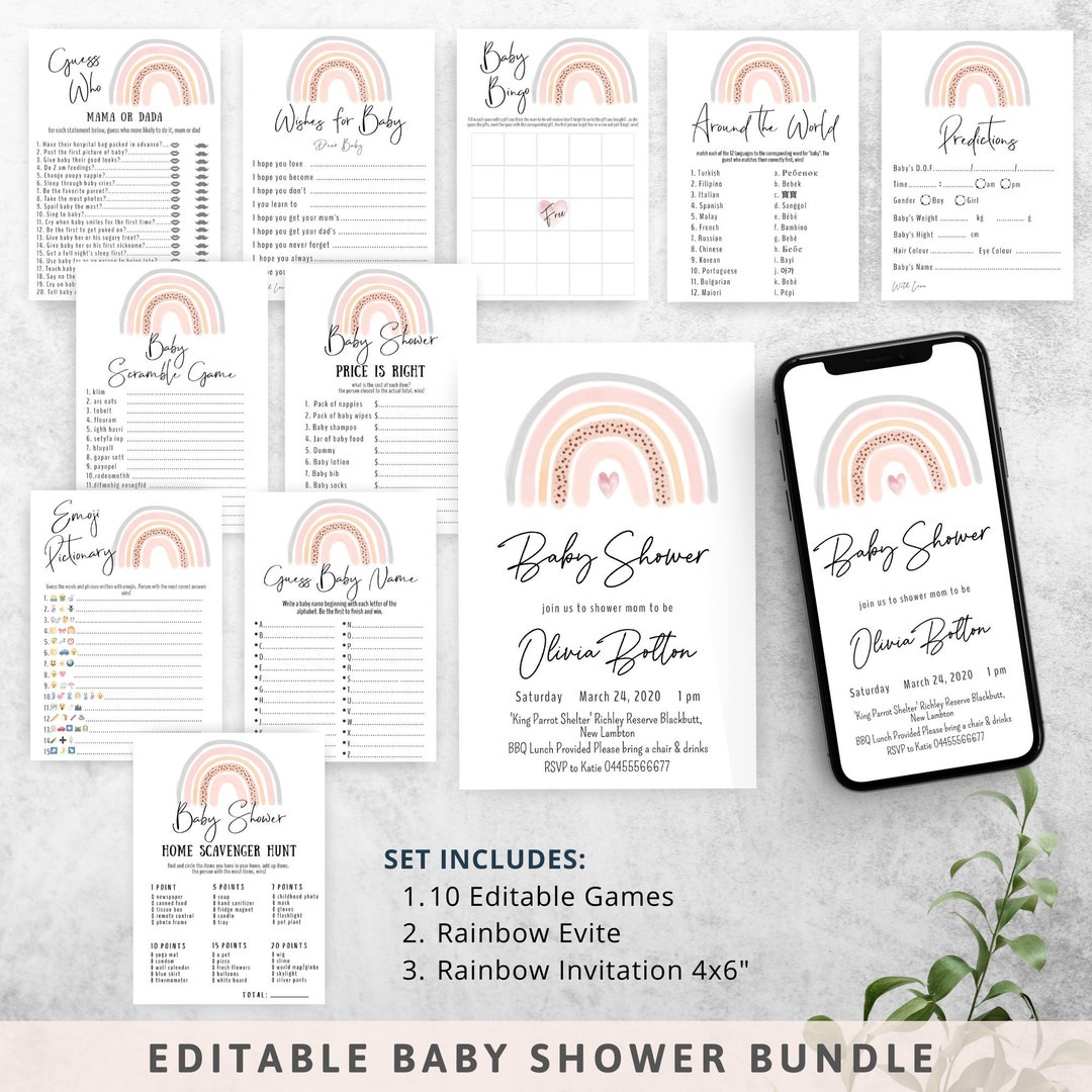 Virtual Rainbow Baby Shower Bundle Editable Baby Shower Games Set Baby ...