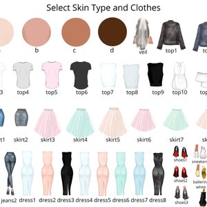 Op de afbeelding: Een grafiek met verschillende huidtinten, tops, rokken, jurken en schoenen. De grafiek is gelabeld "Selecteer huidtype en kleding".