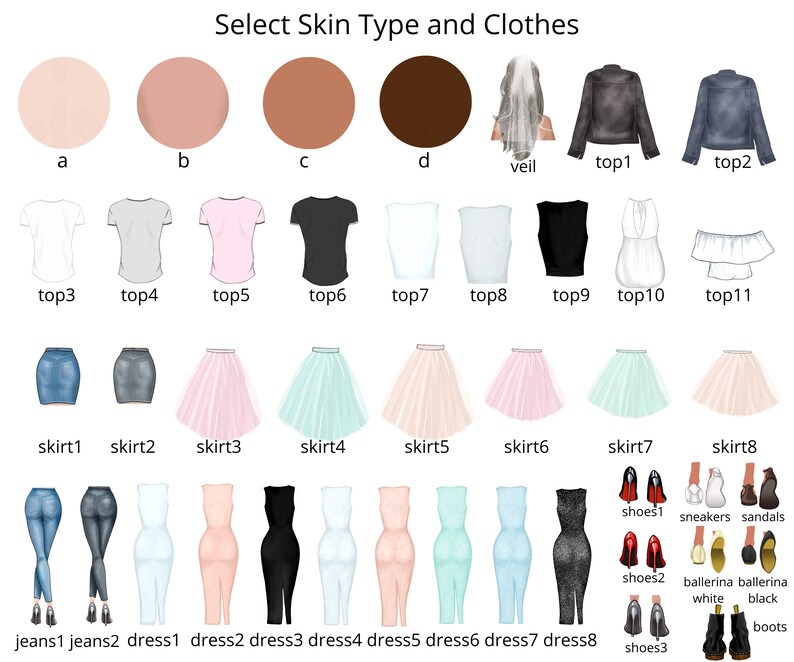 Op de afbeelding: Een grafiek met verschillende huidtinten, tops, rokken, jurken en schoenen. De grafiek is gelabeld "Selecteer huidtype en kleding".