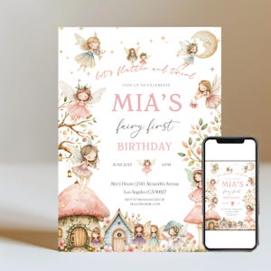 Fairy Birthday Invitation, Whimsical Enchanted, Fairy First birthday, Pixie Fairy Party Magical Floral Fairy Princess Party Instant Download