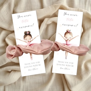 Modello per biglietto con elastico per capelli a forma di ballerina, festa di compleanno a tema ballerina, bomboniera a forma di ballerina classica, tutù con ballerina, modificabile, etichetta per elastico per capelli, DIGITALE