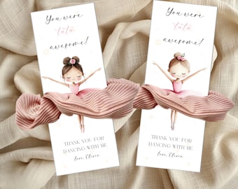 Plantilla de tarjeta con coletero de bailarina, fiesta de cumpleaños de bailarina, recuerdo de fiesta de bailarina de ballet, bailarina de tutú, editable, etiqueta para coletero, digital