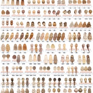 May include: A chart of 412 different blonde hair styles for use in digital art or graphic design. The hairstyles are illustrated in a cartoon style with a white background.